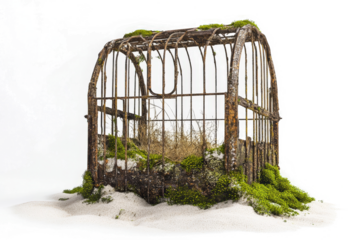 a bird cage with moss and twigs inside cutout and isolated on transparent background 