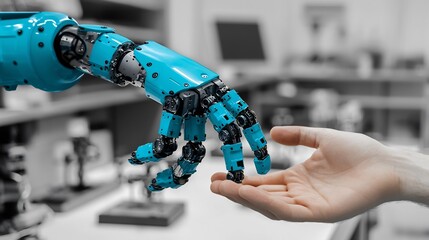 Electric blue robot arm engineers hand monochrome workshop with blurred prototypes