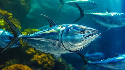 Fototapeta premium Bluefin Tuna Underwater Close-Up, Schooling Behavior