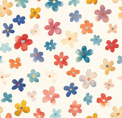  Seamless pattern of small watercolor flowers in a rainbow of colors on a cream background
