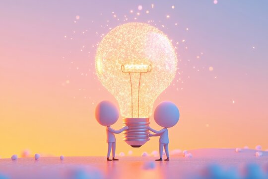 Two 3D figures collaboratively hold a glowing lightbulb, symbolizing teamwork and innovative ideas.