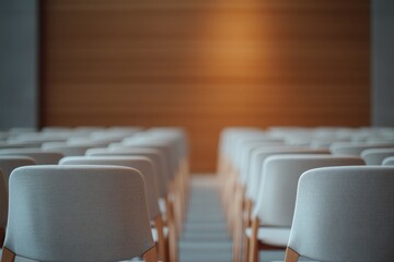 Fototapeta premium sophisticated well-lit event venue with elegantly arranged empty chairs awaits upcoming guests offering ample copy