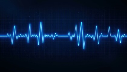 Modern Blue Neon Heartbeat Waveform Digital Illustration Dark Grid Background - Health Wellness Concept Heart Health Awareness Healthcare Marketing Materials