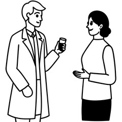 A silhouette of a doctor holding a pill bottle in one hand while speaking to a patient 