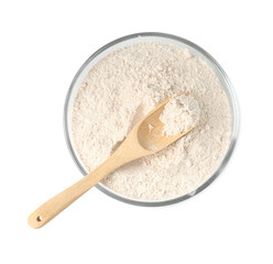 Brown rice flour and spoon in bowl isolated on white, top view