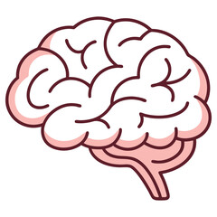Simplified Human Brain Icon, Anatomical Organ with Pink Outline, on Transparent Background