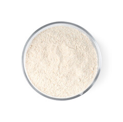 Brown rice flour in bowl isolated on white, top view