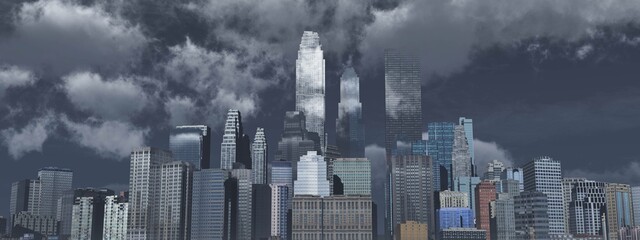 Fototapeta premium Dark city, Manhattan skyscrapers, 3D rendering
