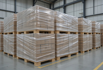 Pallets wrapped in clear plastic cover occupy a spacious warehouse, showcasing organized storage of goods ready for distribution, highlighting efficient supply chain management