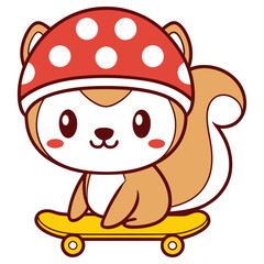 Cartoon Squirrel on Yellow Skateboard with Red Polka Dot Helmet on White