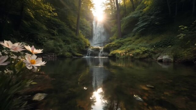 A serene waterfall cascades into a reflective pond, surrounded by lush greenery and delicate pink flowers. Sunlight filters through the trees, creating a magical, peaceful atmosphere in nature&rsquo;s parad