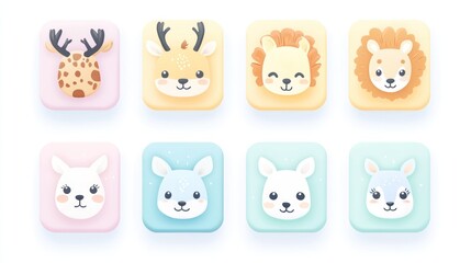 Cute animal icons; digital illustration; pastel background; app design