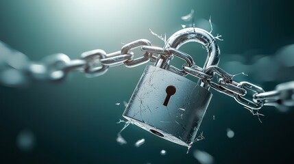 Closeup of a padlock breaking free from chains
