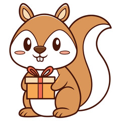 Cheerful Cartoon Squirrel Holding a Gift with Ribbon Isolated on White