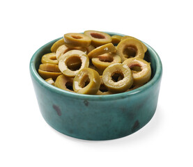Marinated green olive rings in bowl isolated on white