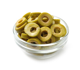 Marinated green olive rings in bowl isolated on white