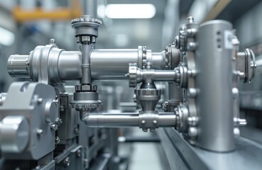 Fototapeta premium Close-up industrial machine production. Metal parts construction. Detail of manufacturing equipment. Tech processes, automotive, engineering, construction, mechanism, assembly, metalworking, industry.