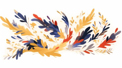 geometric shapes, light green leaves, and a vibrant palette of orange, red, blue, purple, and yellow on a white background.
