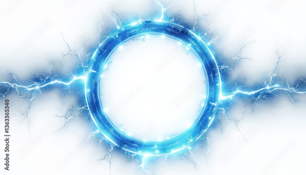 Poster glowing electric blue lightning round frame with plasma portal on white background. energy bolt stri