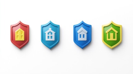 Colorful house icons on shields; home security concept; white background; insurance