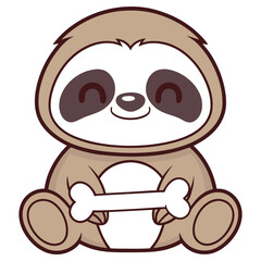 Cartoon Cute Sloth Sitting and Smiling with Bone on Transparent Background Design