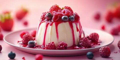 Delicious dessert featuring creamy panna cotta topped with fresh berries in a vibrant setting