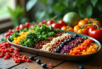 vibrant superfoods displayed artistic arrangements healthy lifestyle nutrition, quinoa, chia, avocado, berry, spinach, carrot, smoothie, peppers, bowl