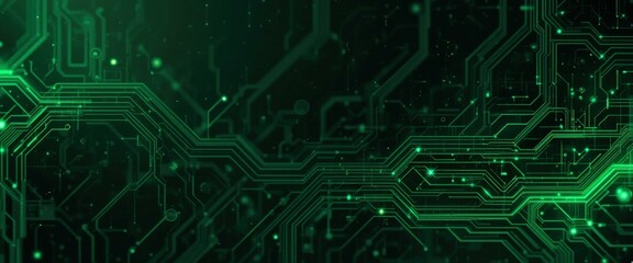 Futuristic Abstract Digital Circuit Board Illustration Green Highlights Dark Background - Technology Innovation Concept Marketing Materials