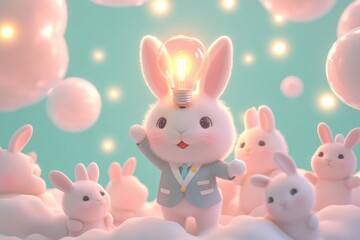 A cute bunny in a suit has a lightbulb above its head, surrounded by other bunnies on clouds, symbolizing a bright idea.