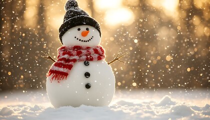 Snowman in Snowy Forest Sunrise