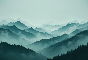 Obraz premium Serene Misty Mountain Landscape Soft Green Blue Tones - Modern Minimalist Nature Photography Ample Copy Space Wellness, Mindfulness, Eco-Friendly Content Promotion