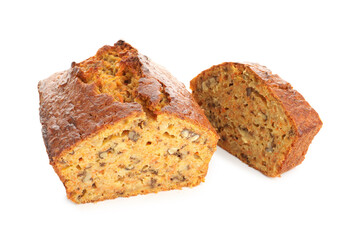 Cut homemade carrot cake with nuts isolated on white