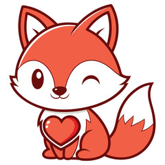 Cartoon Fox with Heart Sits with a Wink on White Background Cute Animal Design