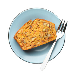 Piece of homemade carrot cake with nuts and fork isolated on white, top view