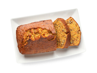 Cut homemade carrot cake with nuts isolated on white, top view