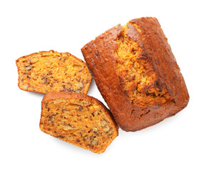 Cut homemade carrot cake with nuts isolated on white, top view