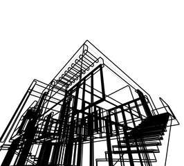 Contemporary Architectural Wireframe Sketch - Residential and Commercial Buildings - Vector Illustration