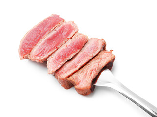 Delicious sliced beef tenderloin with different degrees of doneness isolated on white
