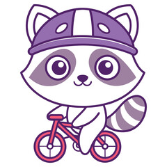 Cute Raccoon Wearing Helmet Riding a Pink Bike Cartoon On White Background