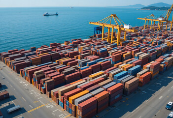 Multiple shipping containers are stacked at a busy port by the waterfront. Cranes loom over, ready to load or unload cargo. Ships can be seen operating in the distance