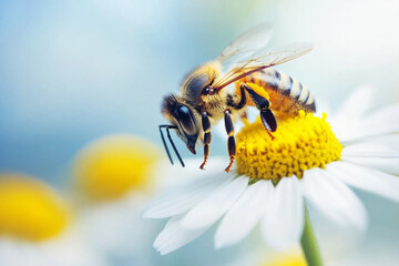 Arafed bee on a flower with a blue and yellow body