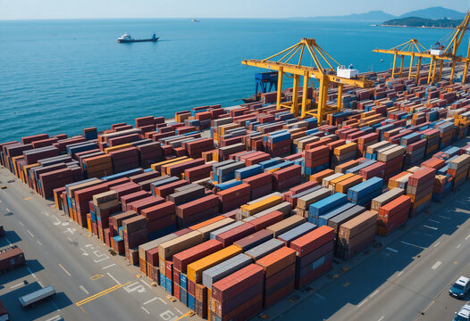 Multiple shipping containers are stacked at a busy port by the waterfront. Cranes loom over, ready to load or unload cargo. Ships can be seen operating in the distance