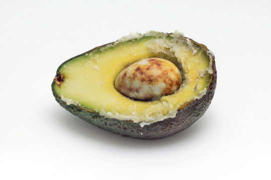 a half of an avocaa with a piece missing cutout and isolated on transparent background 