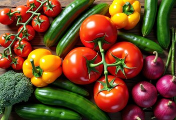 vibrant colorful vegetable flat lay composition fresh organic produce arrangement variety colors shapes textures, greens, vegetables, peppers, tomatoes