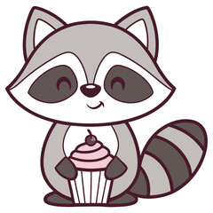 Adorable Cartoon Raccoon Holding Cupcake with Cherry on Top, Cute Flat Design