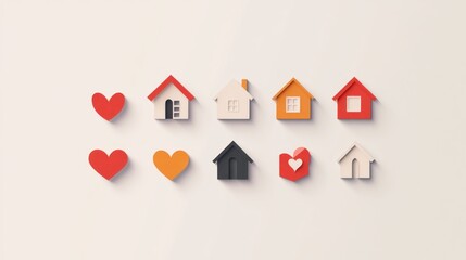 Colorful house icons and hearts on white background, home sweet home concept, website design