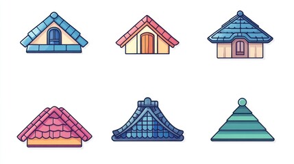 Fototapeta premium Six colorful roof dormers with different styles, for architecture and home design