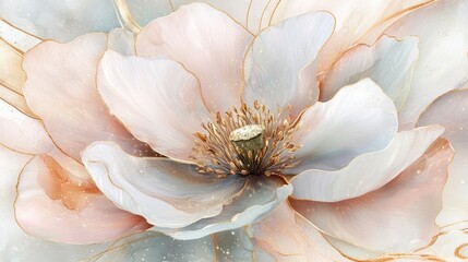 Beautiful pastel big flower, pink and blue with gold accents, watercolor, 