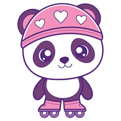 Cute Cartoon Panda with Pink Hat Hearts and Roller Skates on Transparent Background