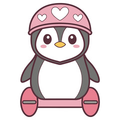 Adorable Penguin with Pink Heart Helmet and Pink Shoes Isolated on White Background